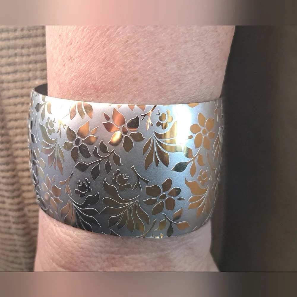 Vintage Stainless Steel Bangle Lovely Raised Gold Toned Flowers Relief Design